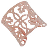 Stainless Steel Rose Gold-Tone Floral Design Open End Wide Cuff Bangle Bracelet
