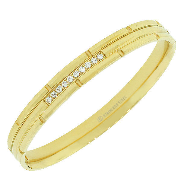 Stainless Steel Yellow Gold-Tone Faceted White CZ Bangle Bracelet