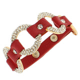Fashion Alloy Red Faux PU Leather Yellow Gold-Tone Hoops White CZ Wristband Bracelet