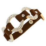 Fashion Alloy Brown Faux PU Leather Yellow Gold-Tone Hoops White CZ Wristband Bracelet