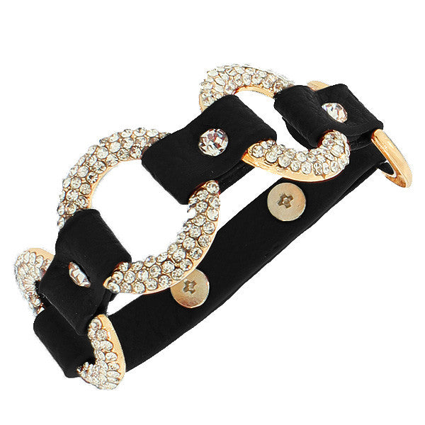 Fashion Alloy Black Faux PU Leather Yellow Gold-Tone Hoops White CZ Wristband Bracelet
