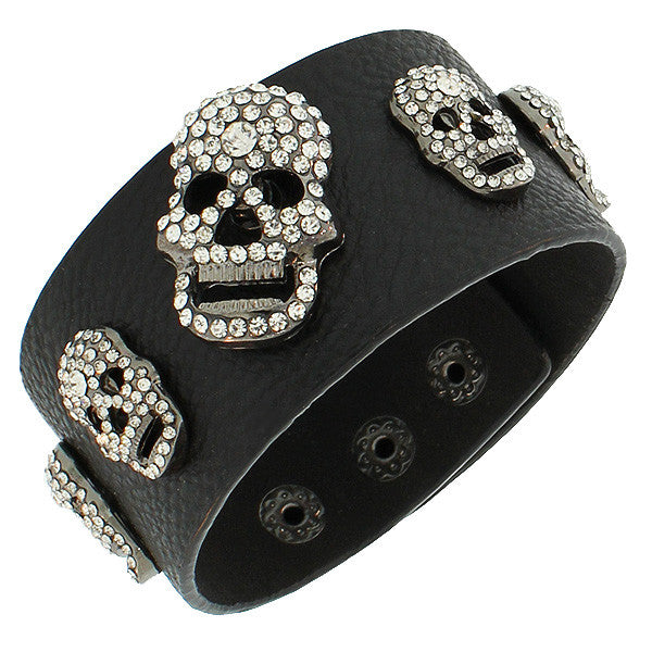 Fashion Alloy Black Faux PU Leather White CZ Skull Wristband Bracelet