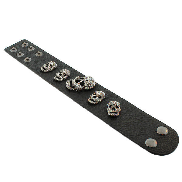 Fashion Alloy Genuine Black Faux PU Leather White CZ Skull Adjustable Wristband Bracelet