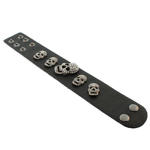 Fashion Alloy Genuine Black Faux PU Leather White CZ Skull Adjustable Wristband Bracelet