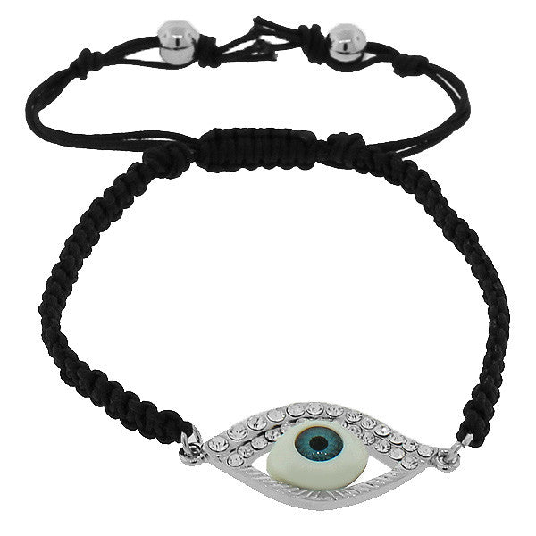 Fashion Alloy White CZ Silver-Tone Blue Evil Eye Adjustable Bracelet