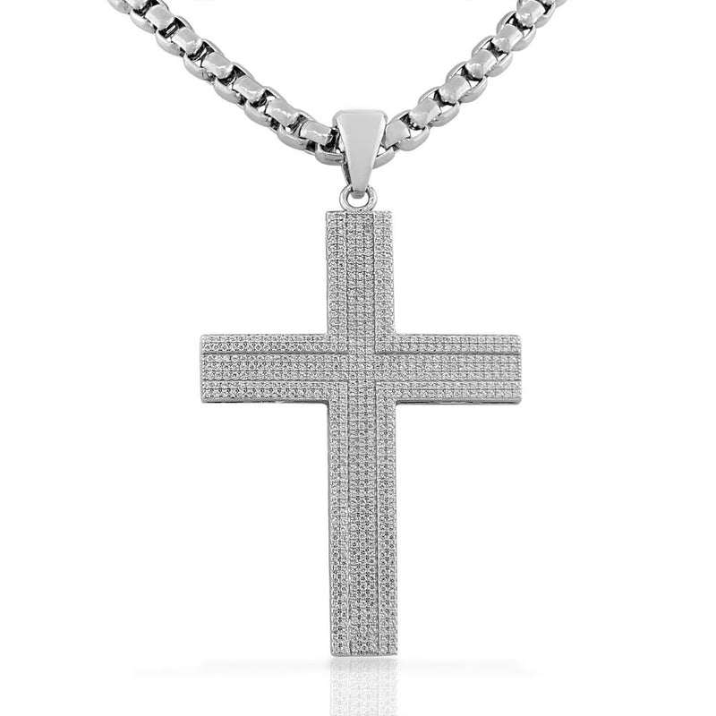 925 Sterling Silver Large Hip-Hop Micro Pave-Set CZ Latin Cross Religious Mens Pendant Necklace