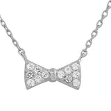 925 Sterling Silver Bow Tie Charm CZ Pendant Necklace With Chain