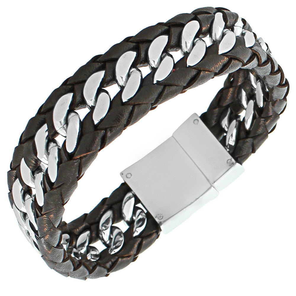 Stainless Steel Silver-Tone Brown Leather Men's Wristband Chain Bracelet