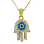 925 Sterling Silver Yellow Gold-Tone Hamsa Evil Eye White CZ Pendant Necklace