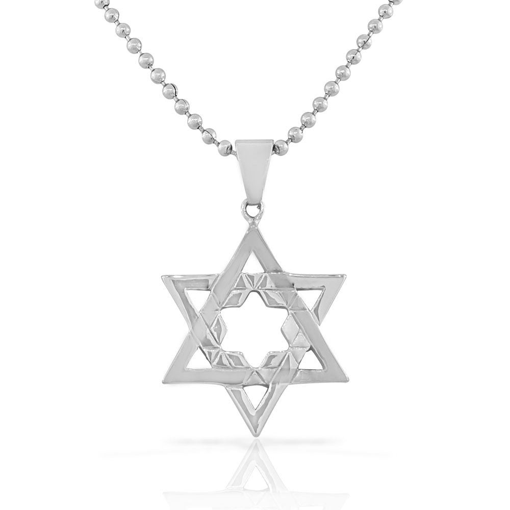 Stainless Steel Silver-Tone Religious Jewish Star of David Pendant Necklace with Chain
