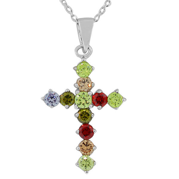 925 Sterling Silver Religious Cross Multicolor CZ Pendant Necklace
