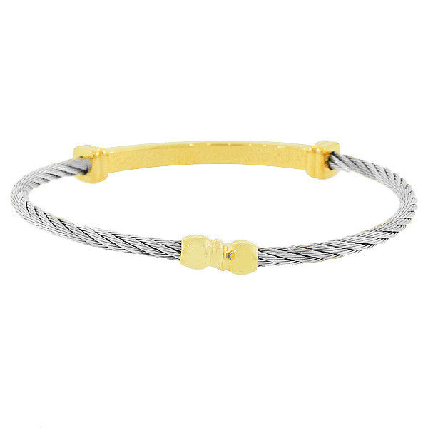 Stainless Steel Two-Tone Twisted Cable Name Tag Open End Bangle Bracelet