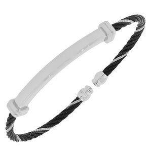 Stainless Steel Black Silver-Tone Twisted Cable Open End Bangle Bracelet