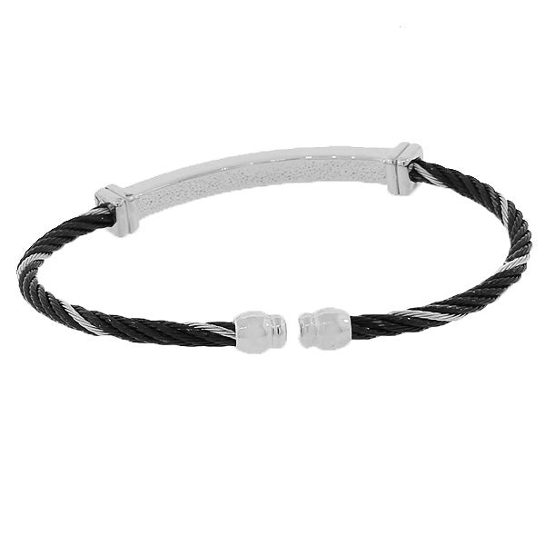 Stainless Steel Black Silver-Tone Twisted Cable Open End Bangle Bracelet