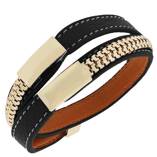 Fashion Alloy Black Faux PU Leather Rose Gold-Tone Chain Double Row Wristband Bracelet