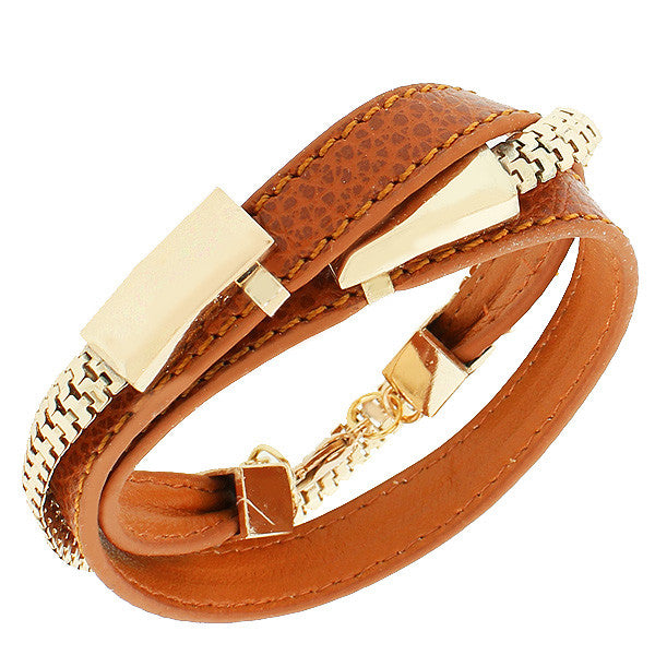 Fashion Alloy Brown Faux PU Leather Rose Gold-Tone Chain Double Row Wristband Bracelet
