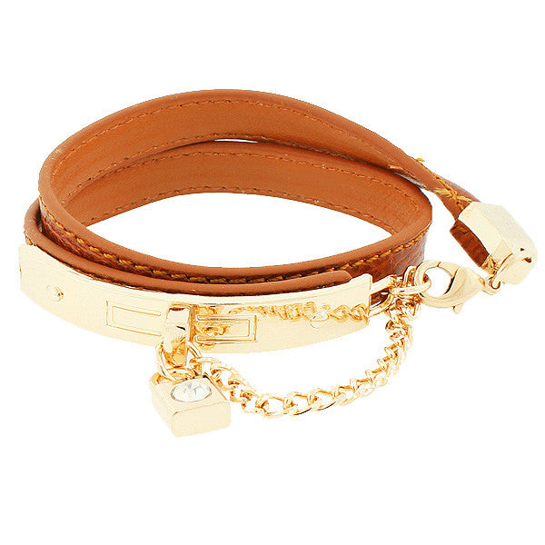 Fashion Alloy Brown Faux PU Leather Rose Gold-Tone Padlock CZ Double Row Wristband Bracelet