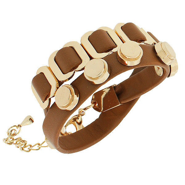 Fashion Alloy Brown Faux PU Leather Double Row Wristband Adjustable Bracelet