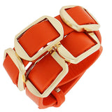 Fashion Alloy Orange Faux PU Leather Rose Gold-Tone Double Row Wristband Bracelet