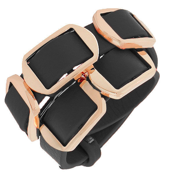 Fashion Alloy Black Faux PU Leather Rose Gold-Tone Double Row Wristband Bracelet