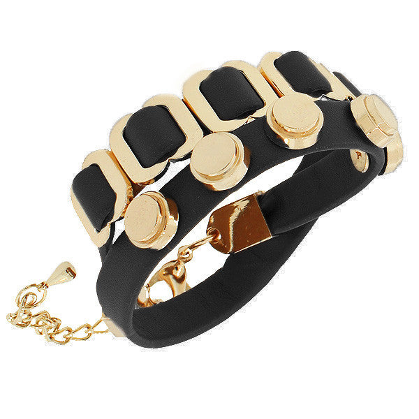 Fashion Alloy Black Faux PU Leather Double Row Wristband Adjustable Bracelet