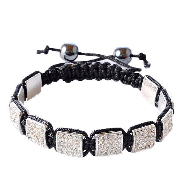 White CZ Black Macrame Beaded Square Beads Bracelet