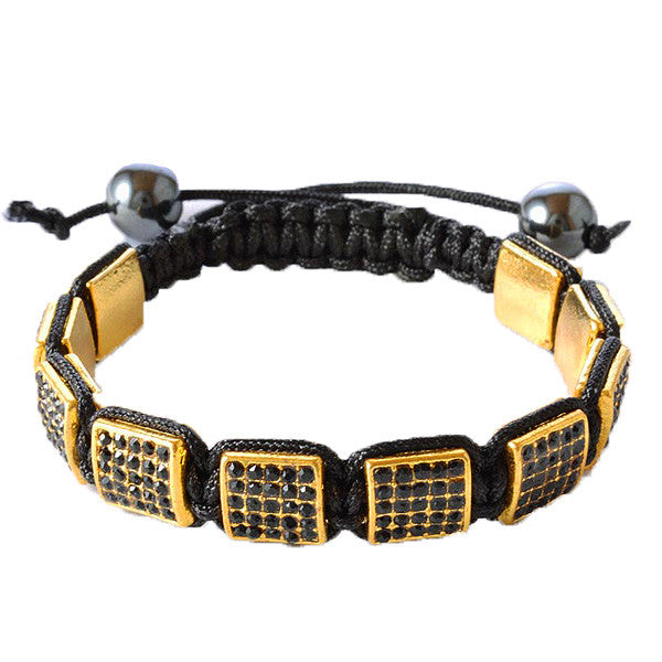 Black CZ Yellow Gold Tone Macrame Beaded Square Beads Bracelet