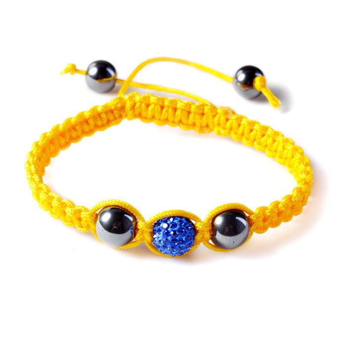 Blue CZ Yellow Cord Black Simulated Onyx Macrame Beaded Bracelet