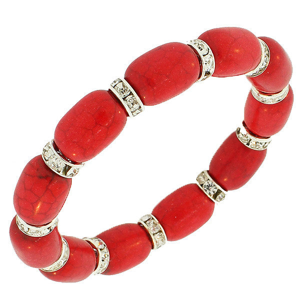 Red Marble White CZ Beaded Stretch Cord Womens  Bracelet