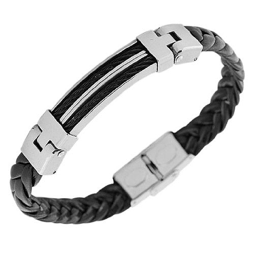 Stainless Steel Black PU Leather Two-Tone Black Silver-Tone Braided Mens Bracelet