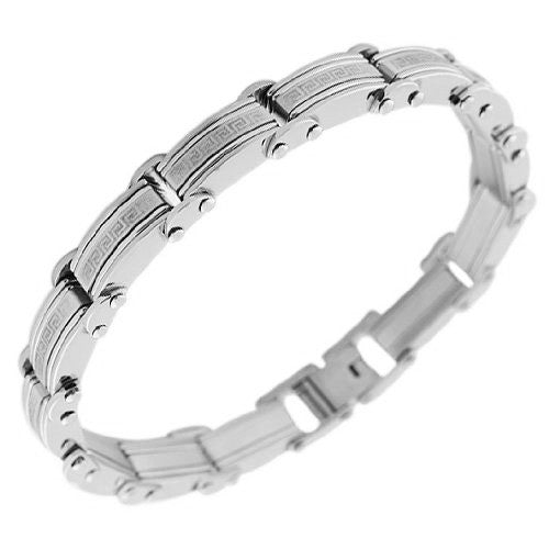 Stainless Steel Silver-Tone Link Greek Key Mens Bracelet