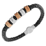 Stainless Steel Black PU Leather Two-Tone Braided Mens Bracelet
