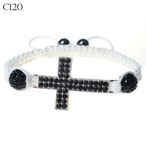 Silver-Tone Cross Black CZ White Cord Macrame Beaded Adjustable Bracelet