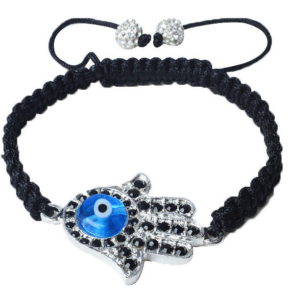 Black CZ Blue Silver-Tone Adjustable Evil Eye Hamsa Beaded Bracelet