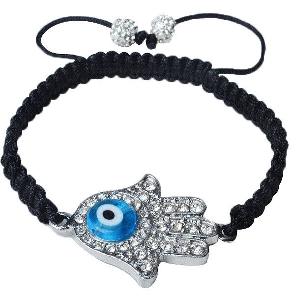 White CZ Blue Silver-Tone Adjustable Evil Eye Hamsa Beaded Bracelet