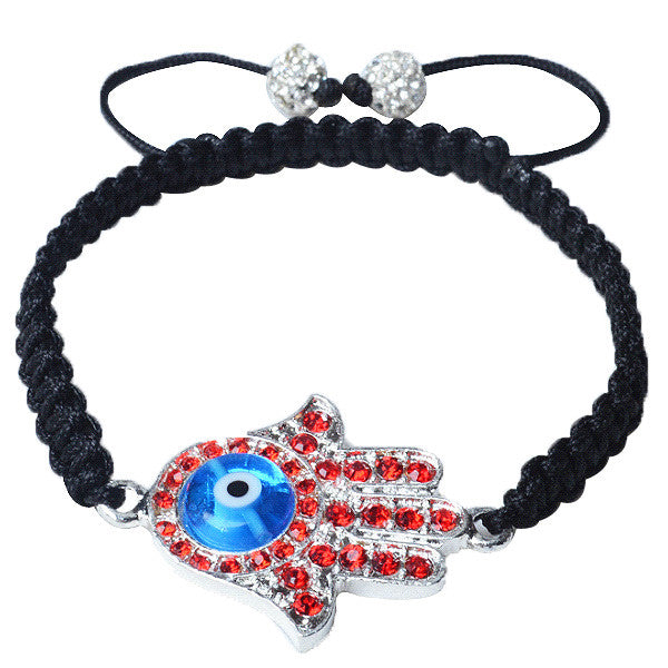 Red CZ Blue Silver-Tone Adjustable Evil Eye Hamsa Beaded Bracelet