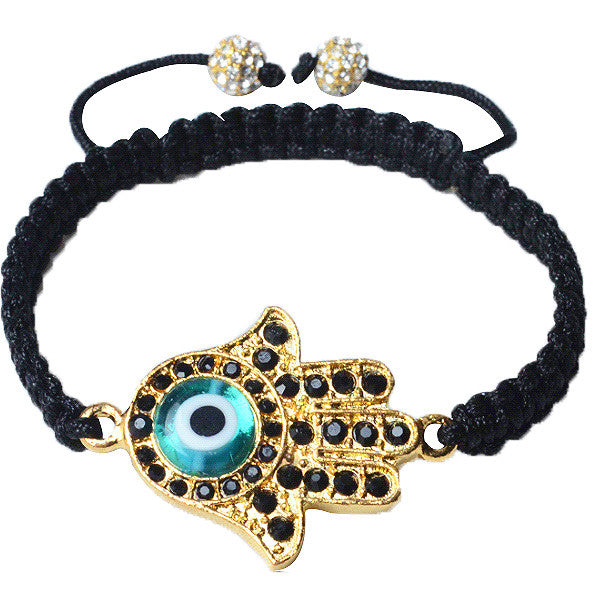 Black CZ Yellow Gold Blue Tone Adjustable Evil Eye Hamsa Beaded Bracelet