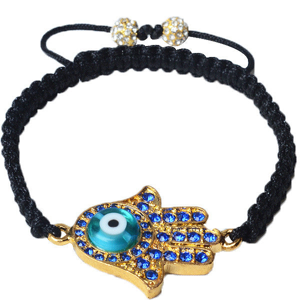 Blue CZ Yellow Gold-Tone Adjustable Evil Eye Hamsa Beaded Bracelet