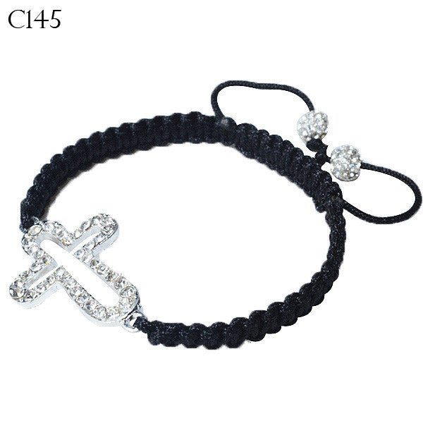 Silver-Tone Cross White CZ Black Cord Adjustable Macrame Bracelet