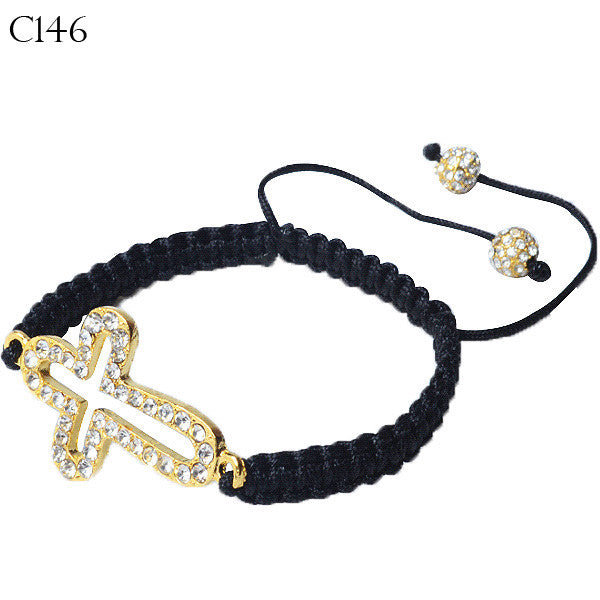 Yellow Gold-Tone Cross White CZ Black Cord Adjustable Macrame Bracelet