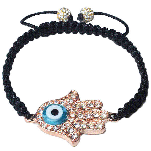 White CZ Rose Blue Gold-Tone Adjustable Evil Eye Hamsa Beaded Bracelet