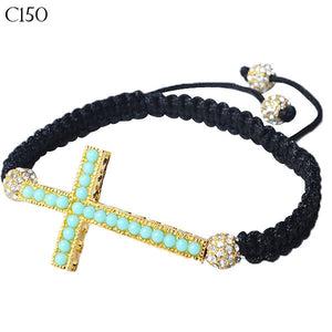 Gold-Tone Cross Green Beaded Adjustable Macrame Bracelet