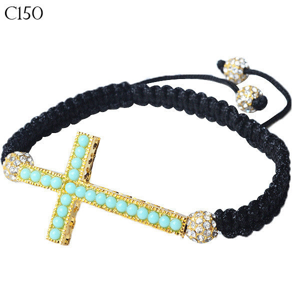 Gold-Tone Cross Green Beaded Adjustable Macrame Bracelet