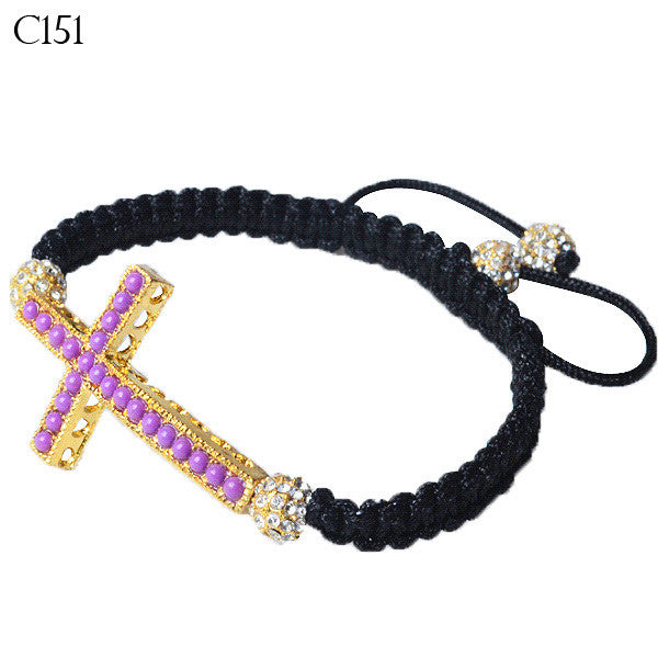 Gold-Tone Cross Purple Beaded Adjustable Macrame Bracelet