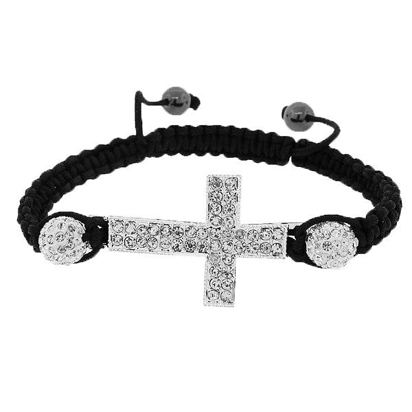 Silver-Tone Cross White CZ Black Cord Macrame Beaded Adjustable Bracelet