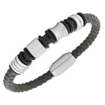 Stainless Steel Brown PU Leather Silver-Tone Mens Bracelet