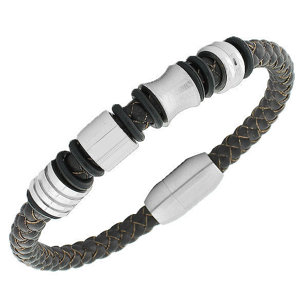 Stainless Steel Brown PU Leather Silver-Tone Mens Bracelet