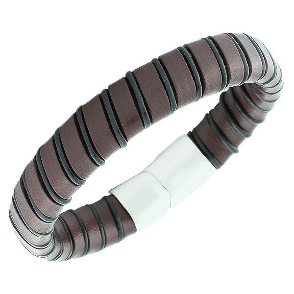 Stainless Steel Dark Brown PU Leather Silver-Tone Braided Mens Bracelet
