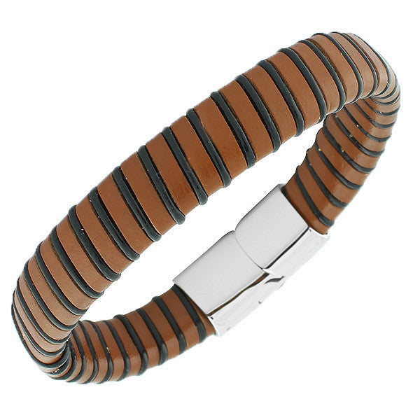 Stainless Steel Brown PU Leather Silver-Tone Braided Mens Bracelet