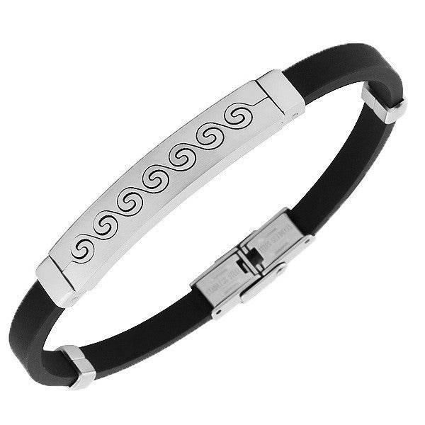Stainless Steel Black Rubber Silicone Silver-Tone Surfing Waves Mens  Bracelet